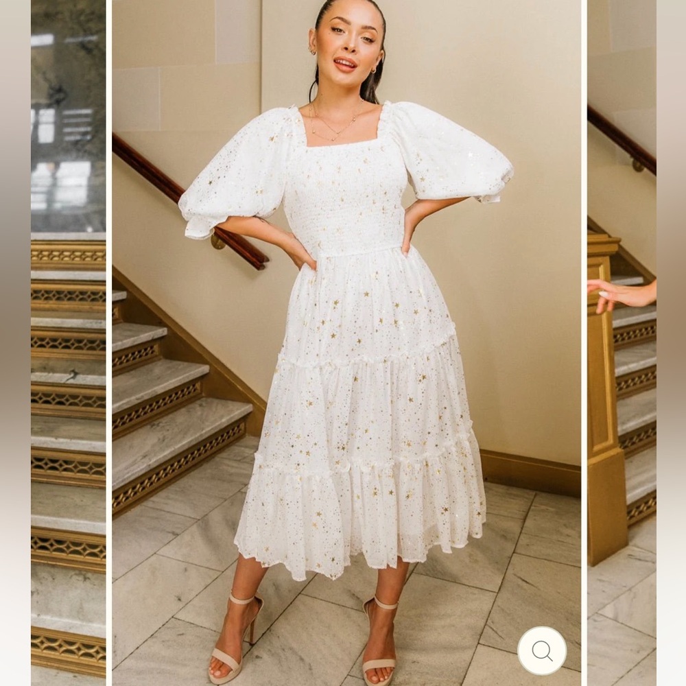Ivy city co white with gold stars midi dress